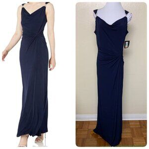Ellen Tracy Jersey Knot Rhinestone Strap Maxi Long Black Tie Dress Sz 8 in Navy